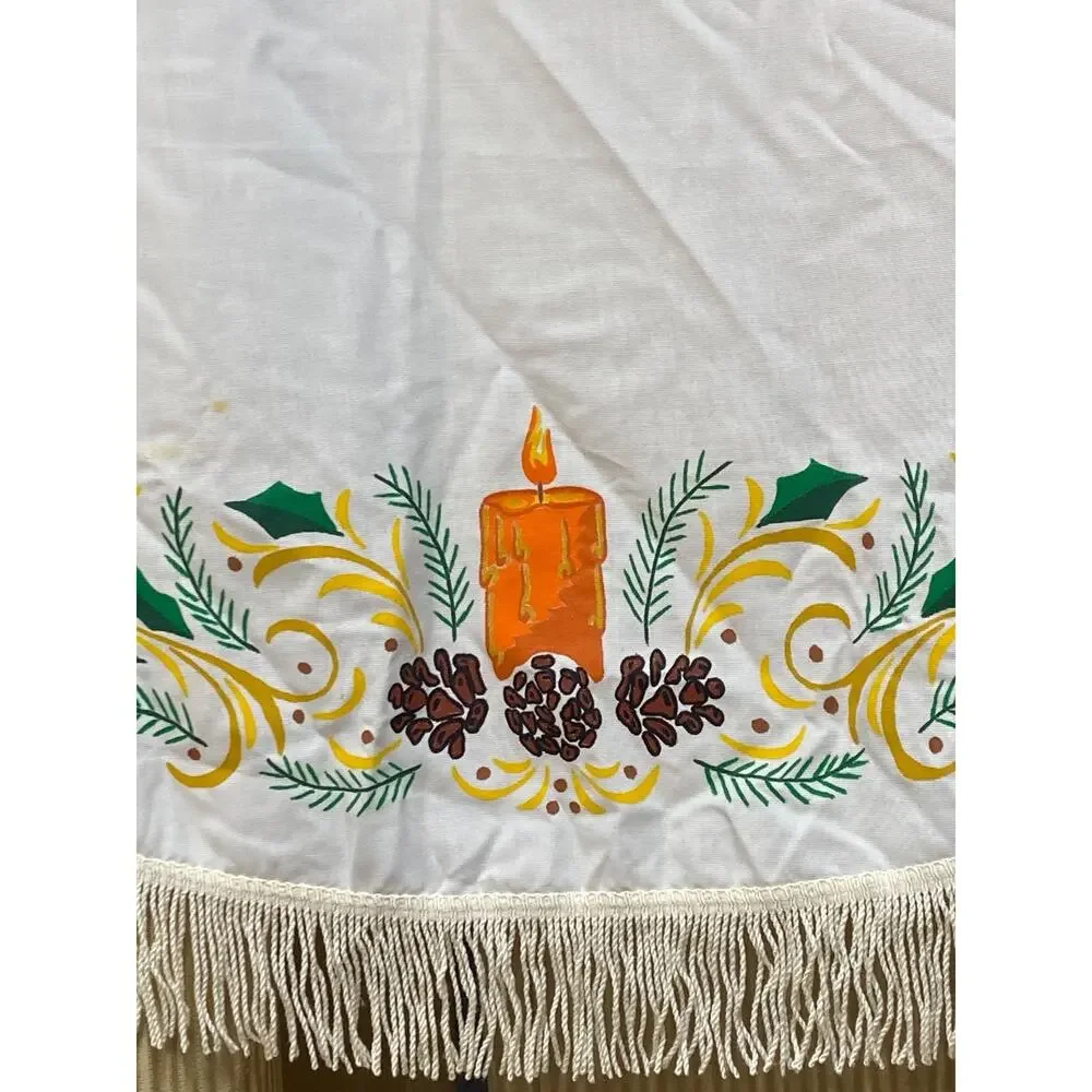 Vintage Christmas Tablecloth Oval Fringe MCM 76”x60 Candles Pinecones Holly